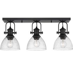 GOLDEN LIGHTING HINES BLK WITH SEEDED GLASS 3 LIGHT SEMI FLUSH MOUNT NEW IN THE BOX