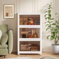 Stackable Bins with Lid, Plastic Collapsible Cabinet Foldable Folding Box Organizer/Storage Container Cart with Wheel and Door for Home Office, 15 Gal