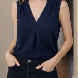 Calypso St. Barth Navy Sleeveless Blouse V-Neck Lightweight Chic