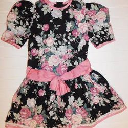 Vtg Picture Perfect Black w/ Pink Green Victorian Cabbage Roses Dress