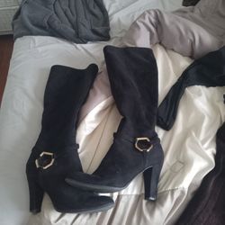 Black Suede High Heel Boots, Size 10