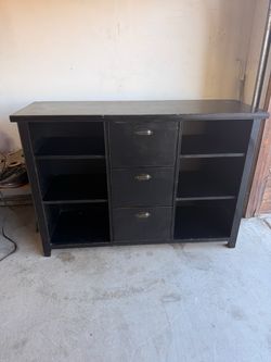 Black Wood Dresser with Shelves and Drawers
