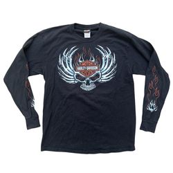 Harley Davidson Chrome Skull Flames Long Sleeve Shirt Size Large