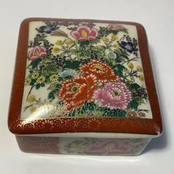 Satsuma Japan Trinket Box Floral 2.75”Square Lidded Pink Green Blue Yellow

