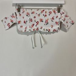 Xhilaration Women’s Floral Bandeau Smocked Swim Suit Top White Size Medium NWT