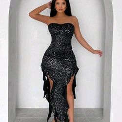 Black Glitter Slit Maxi Dress 