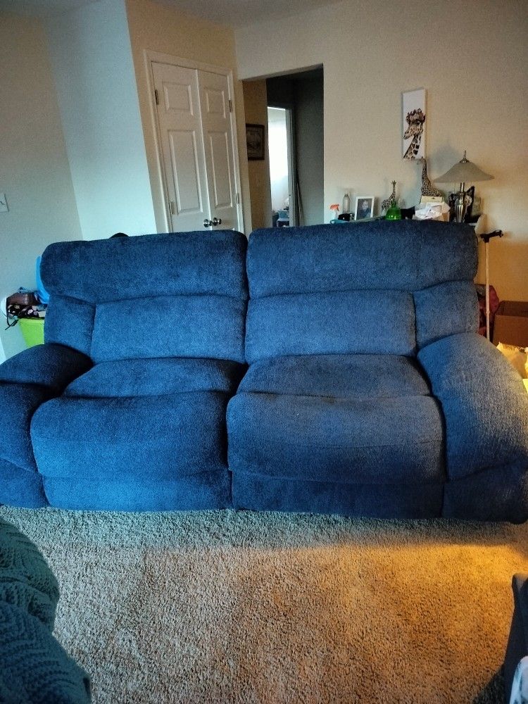 Blue Manual Reclining Sofa. 