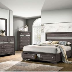 Brand New Grey Contemporary Style Queen Size 4pc Bedroom Set (Available In Eastern King)