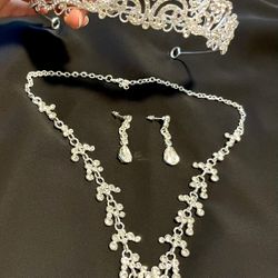 Crystal Rhinestone Tiaras Crown Necklace Earrings Fashion Jewelry Set
