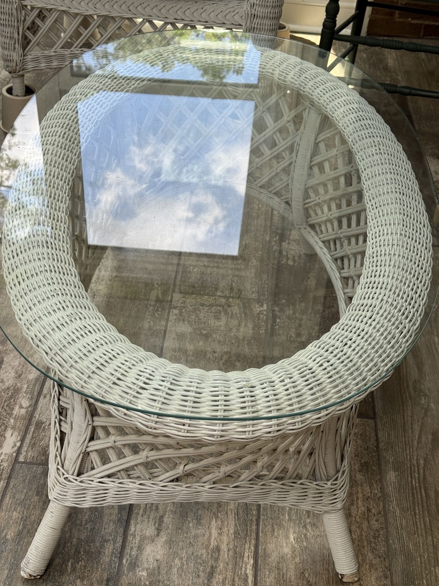 White Wicker Glass Top Coffee Table