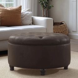 30'W Faux Leather Tufted Round Storage Ottoman