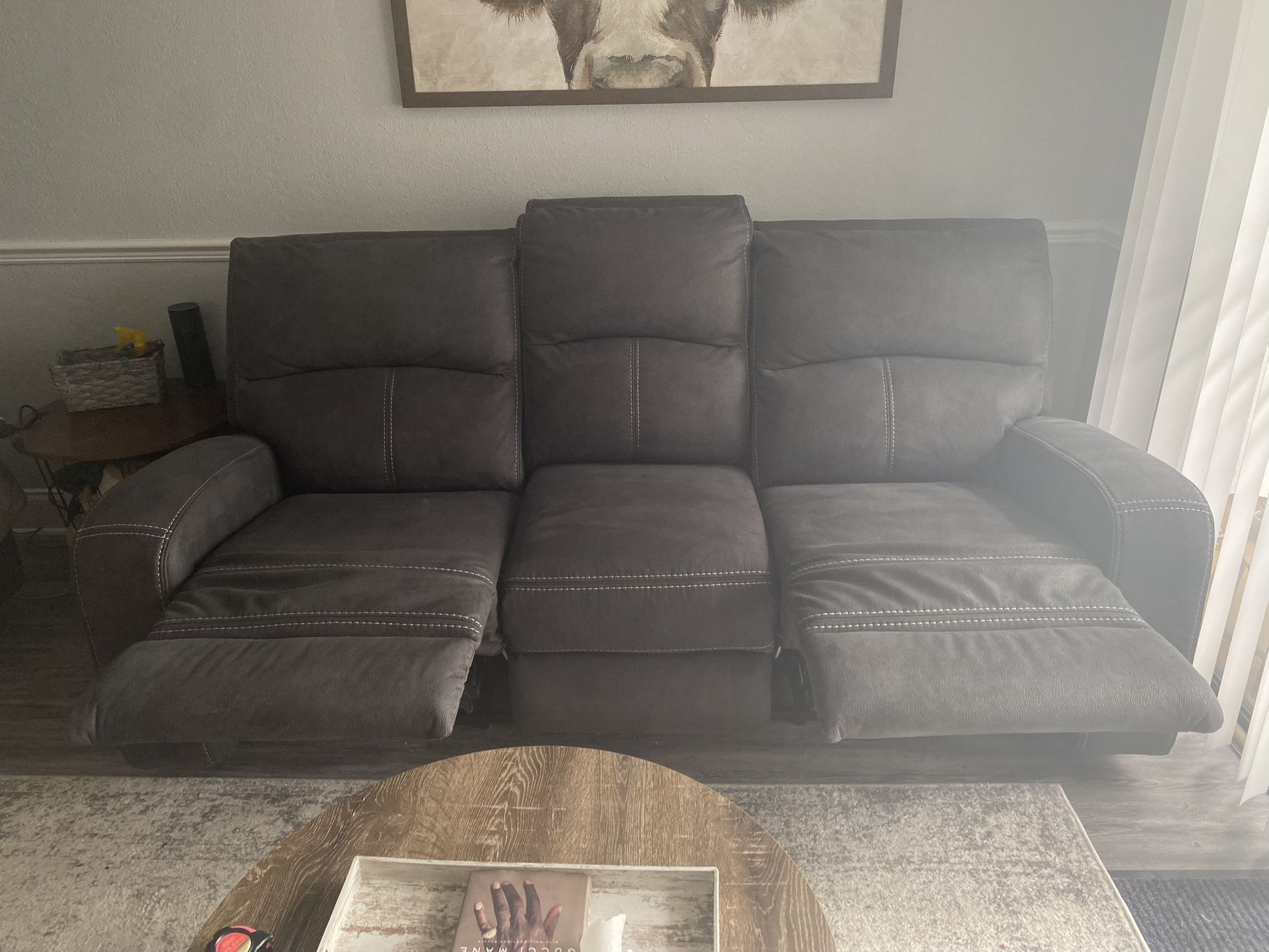 Charcoal Gray Suede Reclining Couch