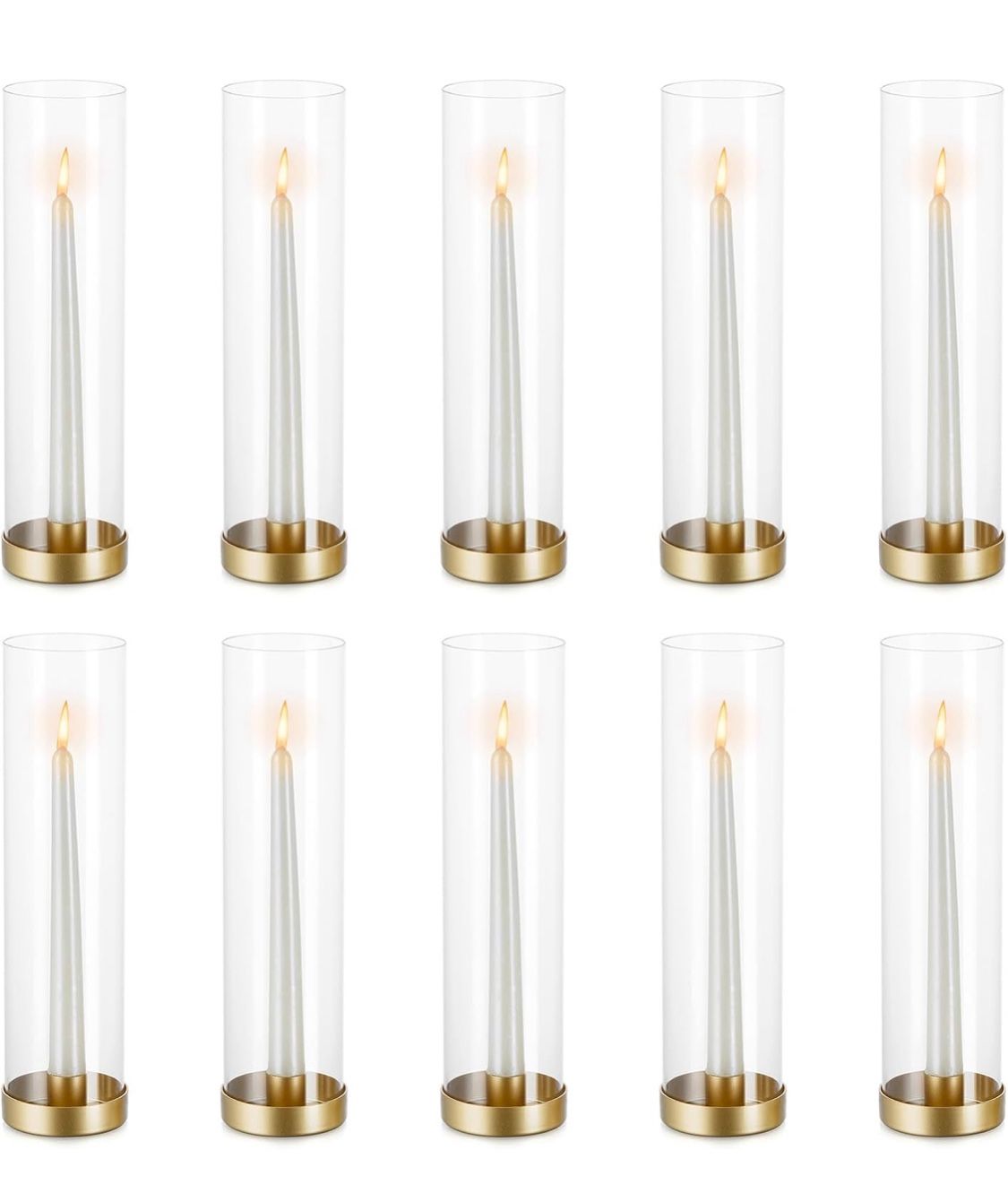 NUPTIO Hurricane Glass Candlestick Holders: 10 Set Bulk Gold Taper Candle Holder Metal Candle Stick Stand with 11.81 inch Tall Windproof Clear Seelves
