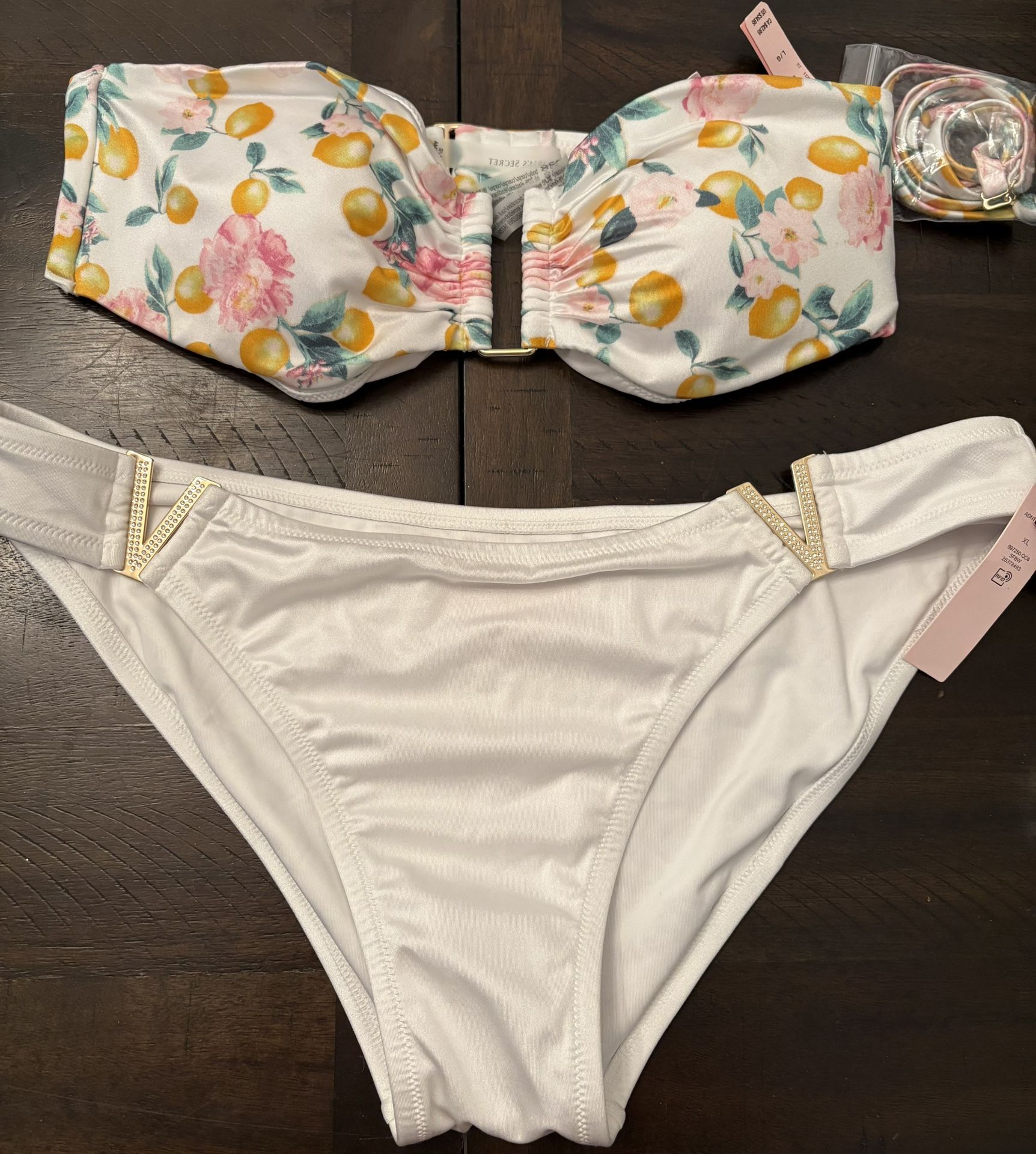 VICTORIAS SECRET White 2 Piece Bikini Strapless/Halter V Gold Hardware L/XL NWT