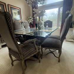 Old World Elegance Dining Set - Double Pedestal Glass Table + 6 Chairs