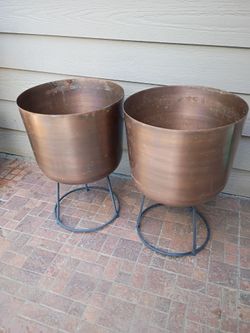 Pair of Copper Metal Planters with Stands