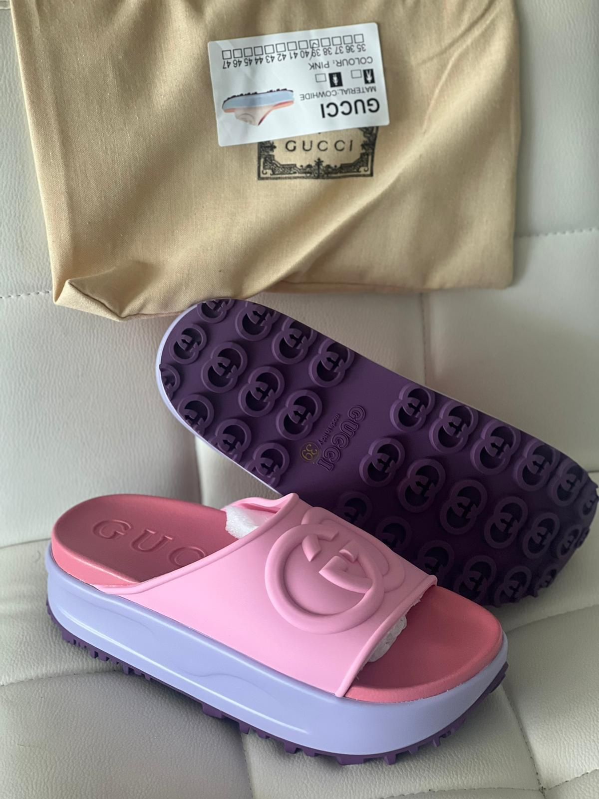Pink Gucci Gucci Women Rubber Slides New Gucci GG Double G Glitter