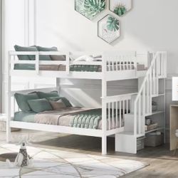 White Full Over Full Wooden Bunk Bed with Storage Stairway