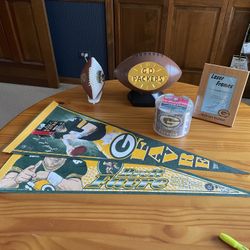 Green Bay Packers Office Items- Football W/WhiteTee, Shape Ceramic Football W/Lighting, Paper & Deck Caddy, 4x6wood Picture Frame, 2 Pennants BF  OP