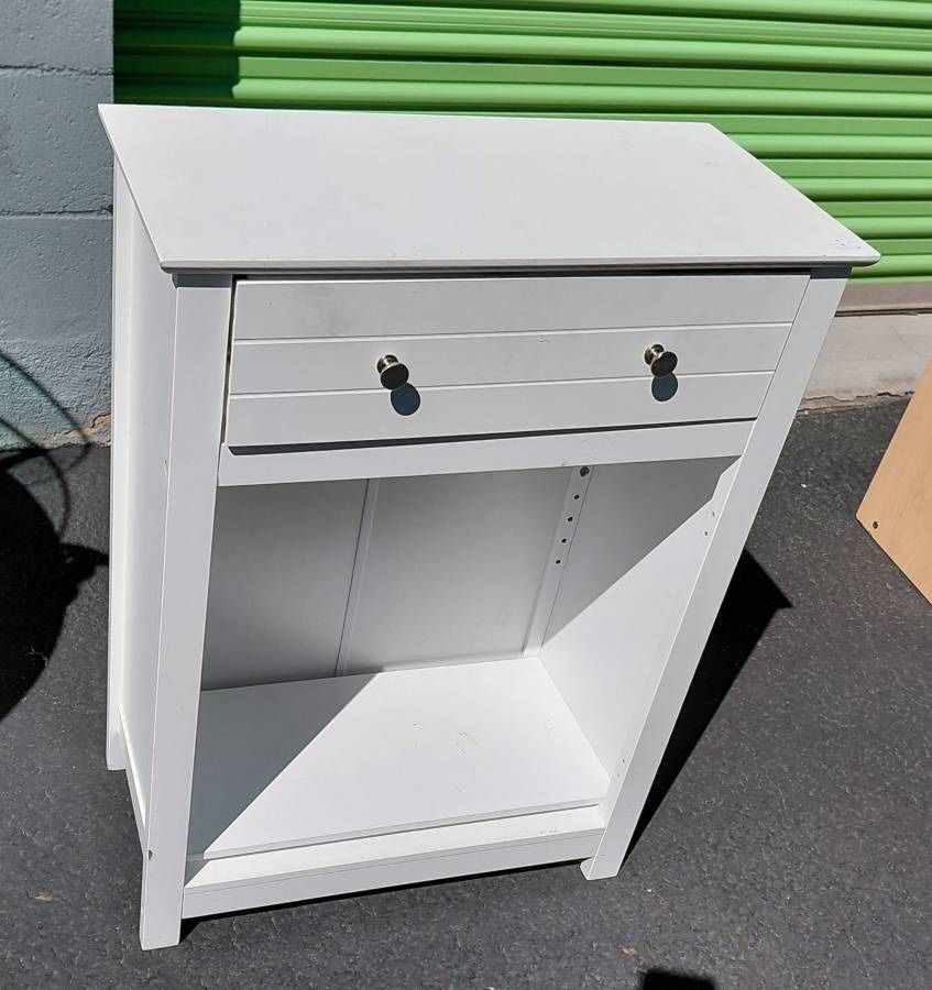 Table: White Utility Table with Drawer & Adjustable Shelf