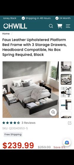 Faux Leather Upholstered Platform Bed Frame with 3 Storage Drawers, Headboard Compatible, No Box Spring Required, Black