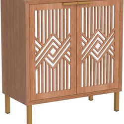 2-Door Accent Cabinet Modern Mirror Fronts Clean-Lined Silhouette, Natural

