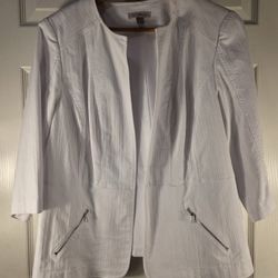 Roz & Ali White Jacket Blazer 3/4 Sleeve Zip Shoulder Pads Open Front 1X 