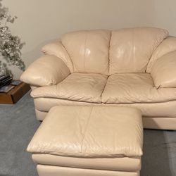 Creme Colored Leather loveseat W/ Ottoman