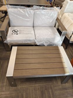 Outdoor Furniture Set,  Aluminum loveseat with Coffee Table, Wide Seat and Thick Cushions, Outdoor Patio for Deck, Porch (LightGray)