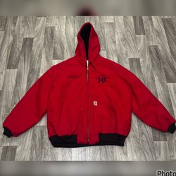 VINTAGE CARHARTT J140 RED QUILTED HOODED WORKWEAR JACKET