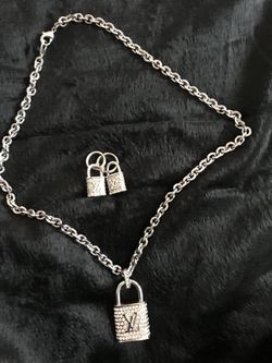 Lock charm necklace and earrings