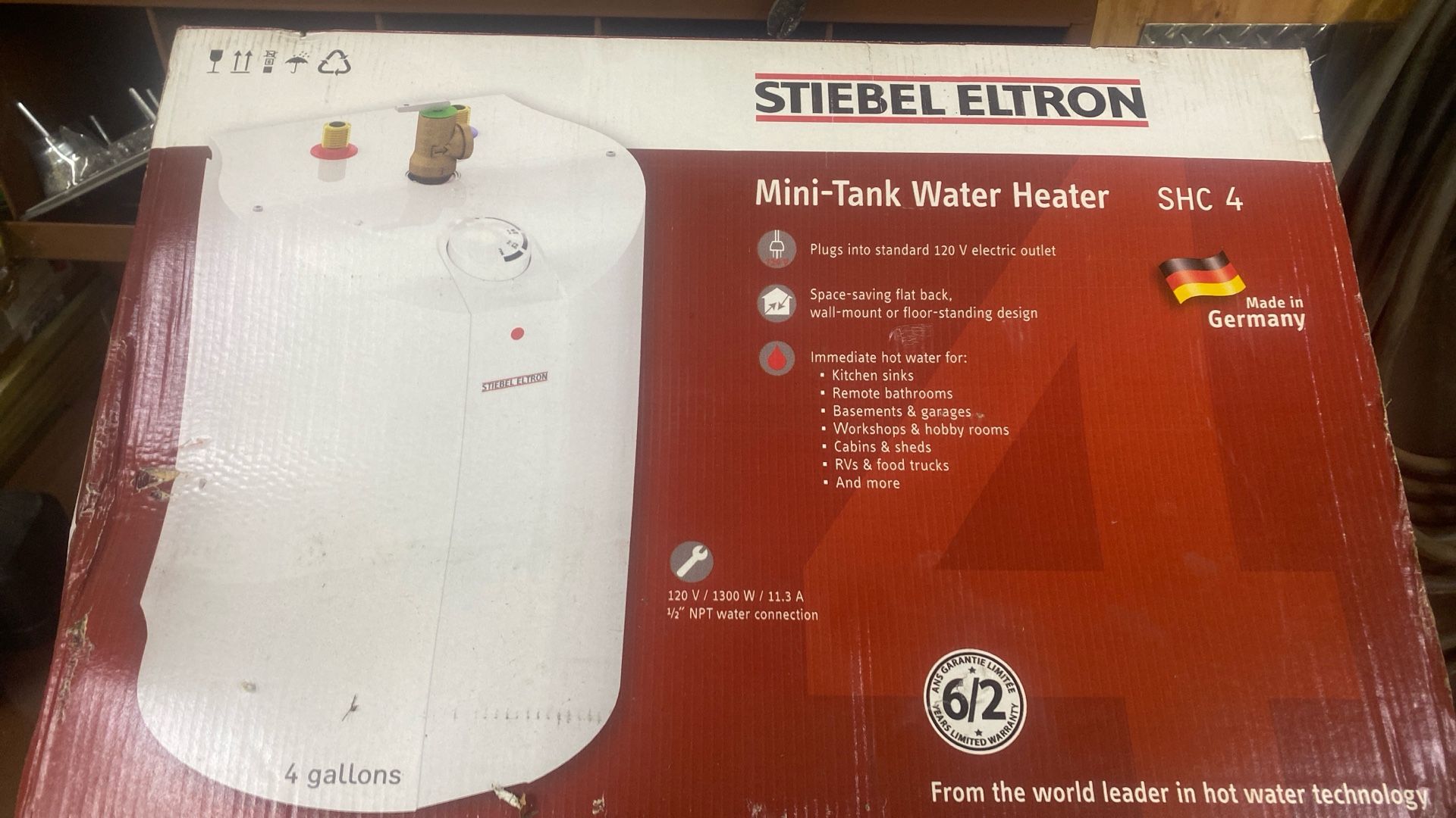 Brand new inbox, mini tank water heater 4 gallons plugs into standard 120 outlet