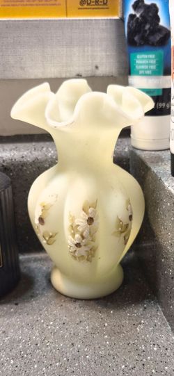 Vintage Satin Glass Ruffled Vase with Floral Detail