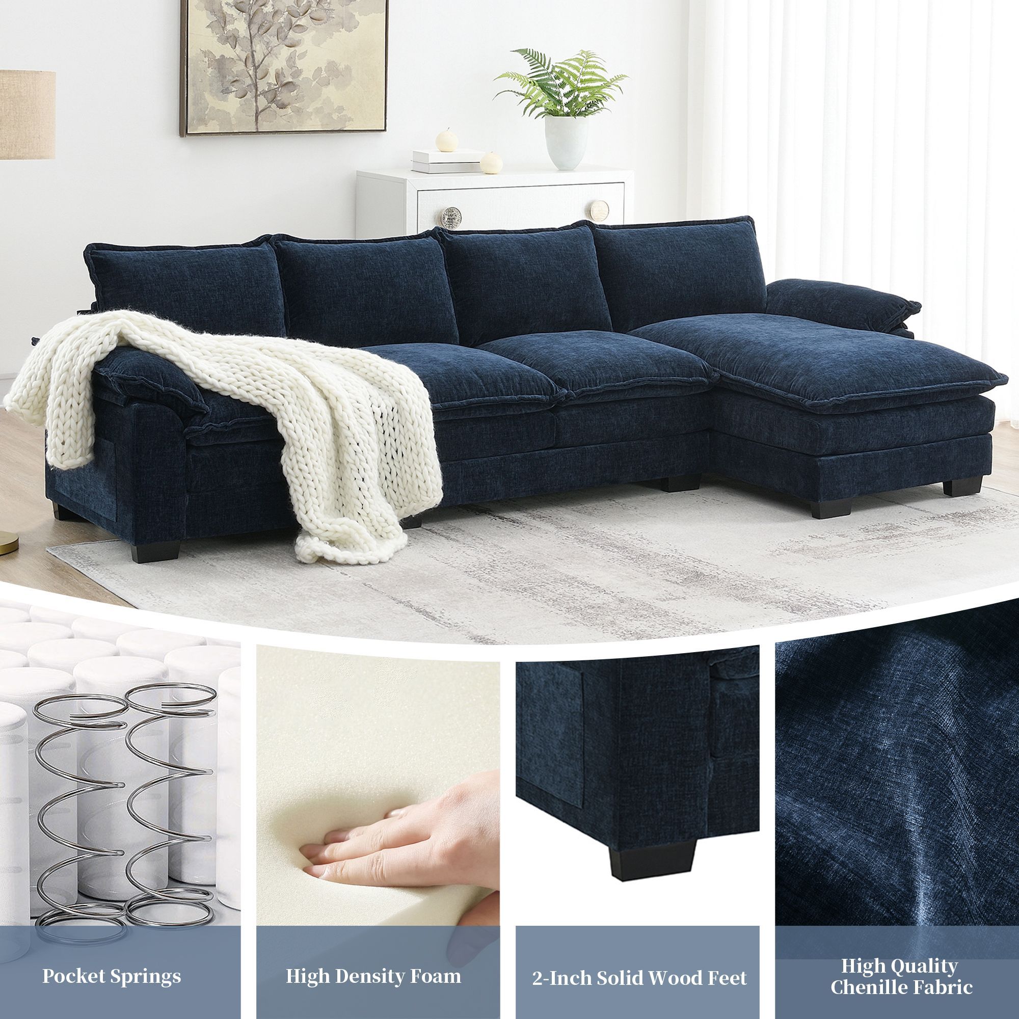 118*55 Modern L-shaped Chenille Cloud Sofa with Double Seat Cushions,5-seat Upholstered Indoor Furniture,Sleeper Sofa Couch with Chaise Lounge for Liv