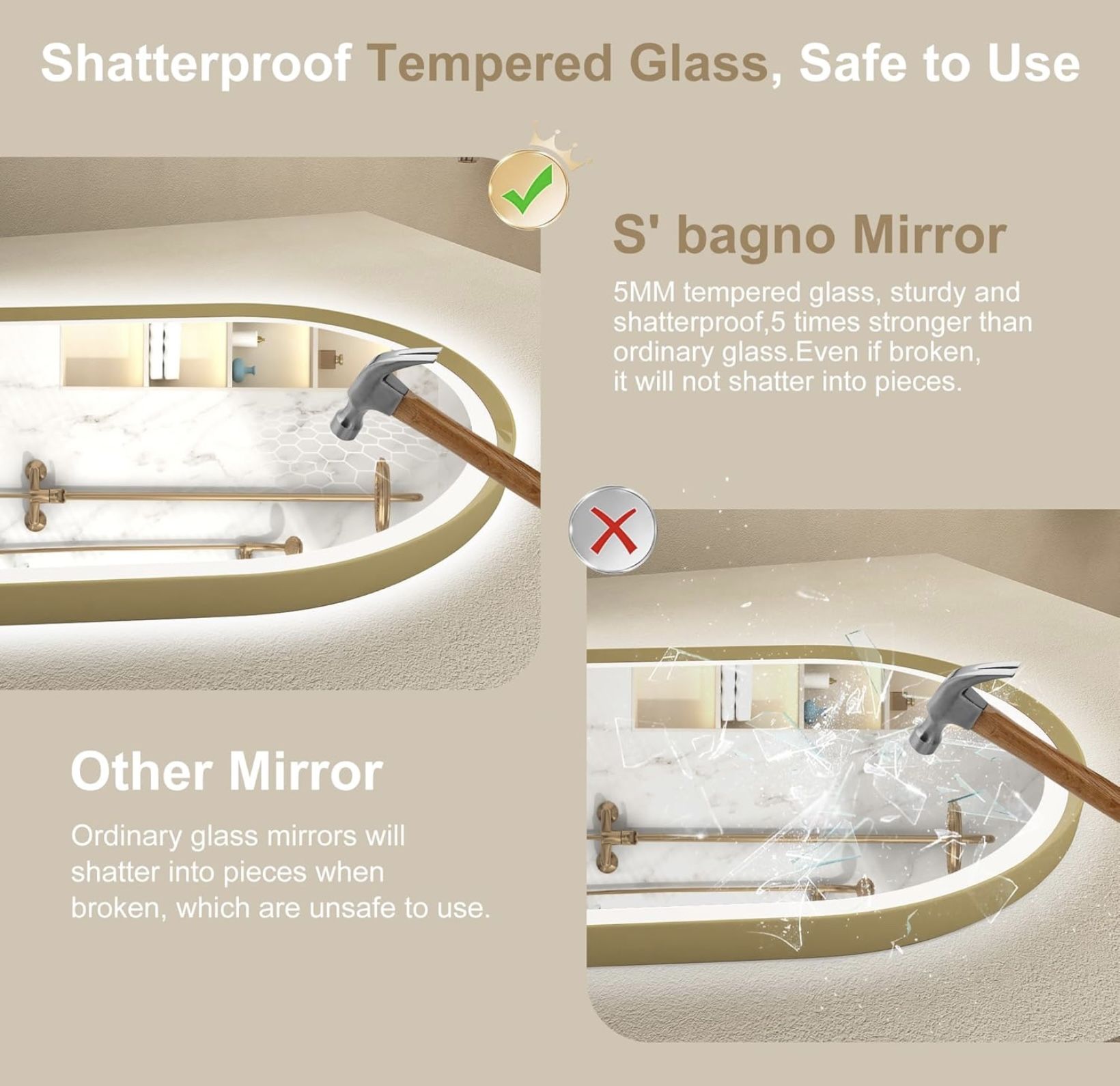 S'bagno 24x36 Arched Gold LED Bathroom Mirror — Frontlit & Backlit, Anti-Fog, Dimmable 3 Colors, Metal Frame - View #4