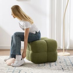20.9″ Wide Boucle Ottoman, Modern Foot Stool, Square Upholstered Tufted Ottoman Coffee Table, Extra Seating for Living Room Bedroom, Green
