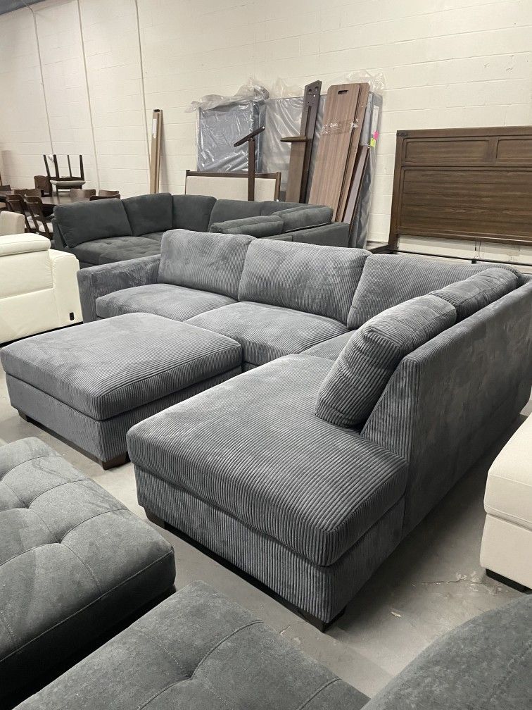 Corduroy Gray Sectional Sofa Couch with Ottoman