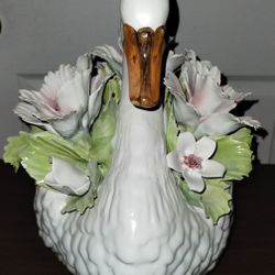 Vintage Large Capidimonte Flowery Porcelain Swan 