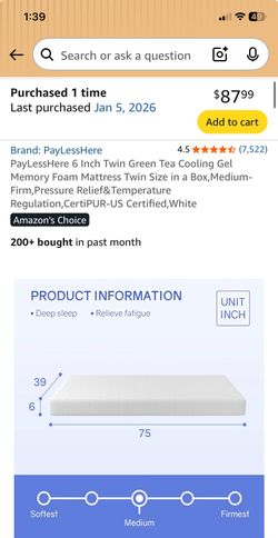 Twin size gel mattress