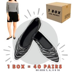 40 Pairs  of Black & Gray Zebra Women’s Pointed-Toe Ballet Flats, Lightweight Knit Shoes w/ Super-Soft Cushioned Insole, Chic Outsole