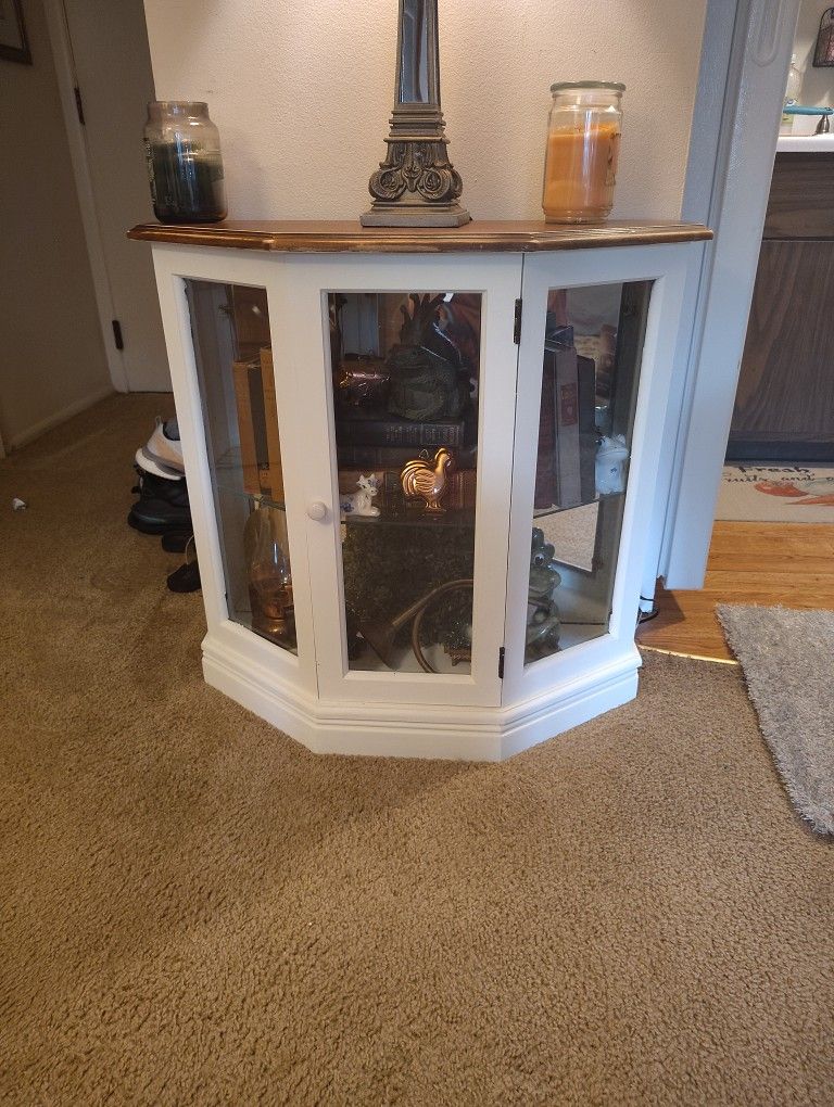 Refinished White Curio Cabinet With Glass Shelf