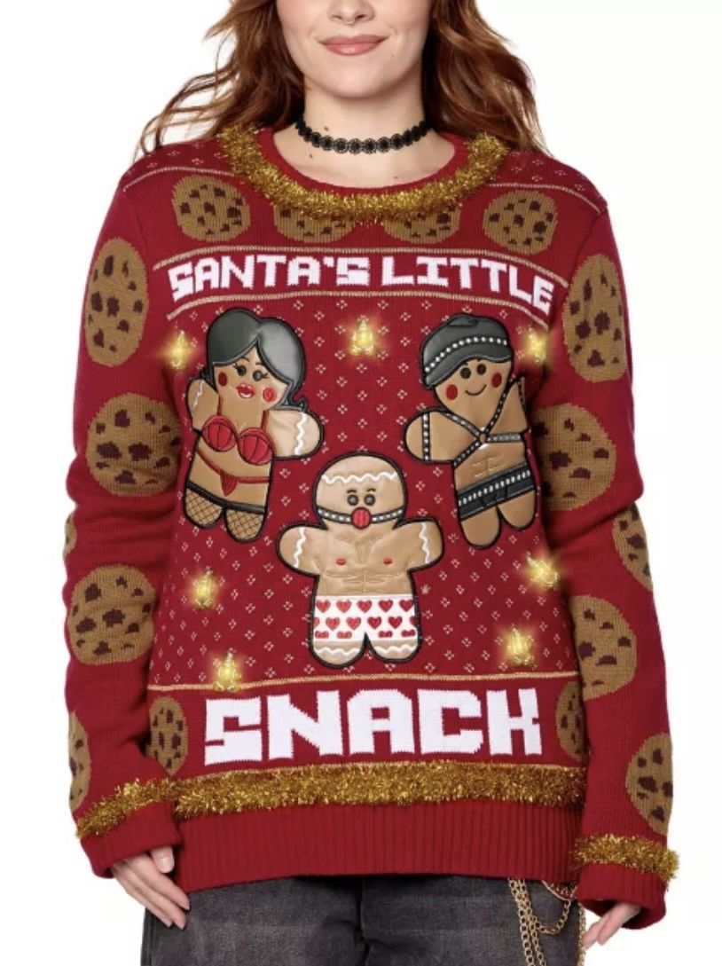 Spencer’s Light-Up Gingerbread Cookie Santa's Little Snack Naughty Christmas Sweater M
