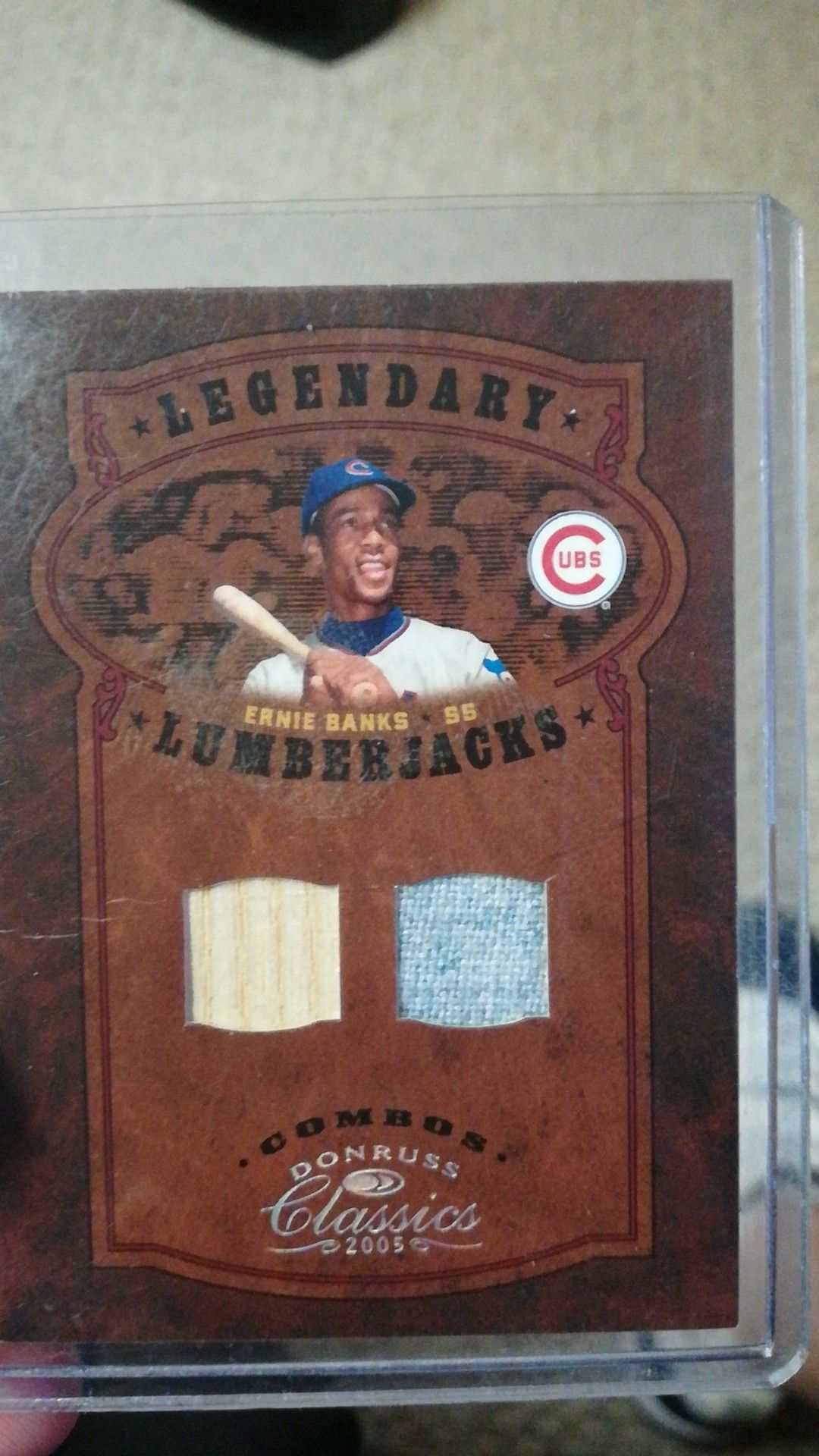 Ernie banks legendary lumberjacks jersey/bat card