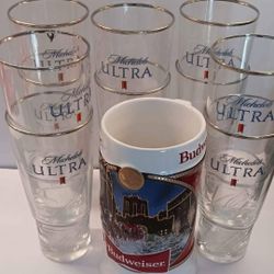 Michelob Ultra Glass Cups 10 And Budweiser Ceramic Mug