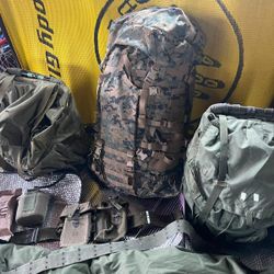 Army military technical backpacks sleeping bag etc