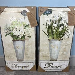 2 NEW Flower Solid Wood Framed Hand Embellished Cotton Canvases 