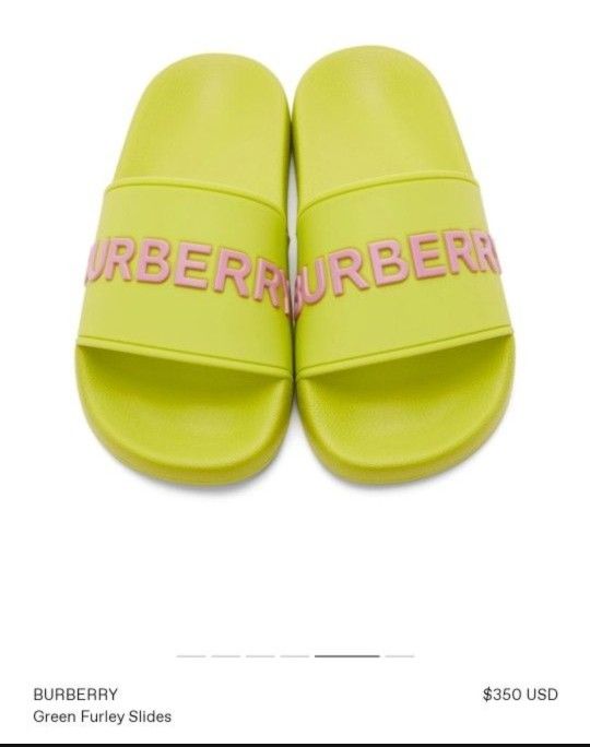 New Women's Burberry Furley Logo Lime Green Slide Sandals Shoes