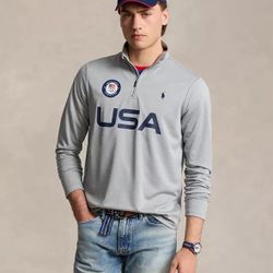 Polo Ralph Lauren Men's Team USA Micro-Dot Mesh Quarter-Zip, Grey Heather, M