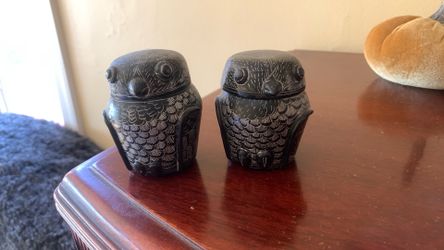 Charming Painted Wood Owl Figures With Lids
