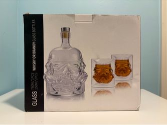 Star Wars storm trooper, whiskey, decanter and glasses